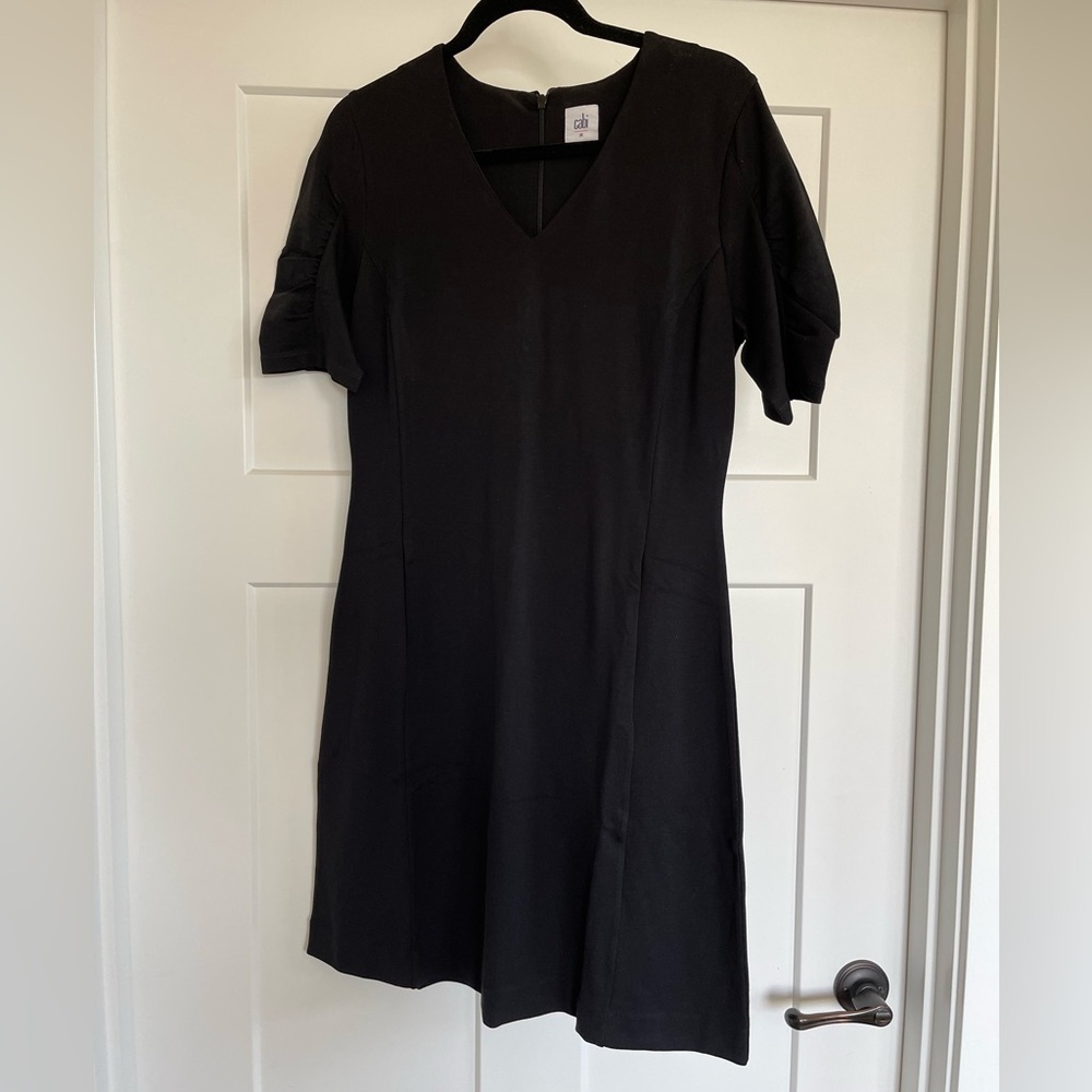 NWOT Cabi Black Ruched Sleeve Minimalist Fitted Ponte Knit Dress, Size M